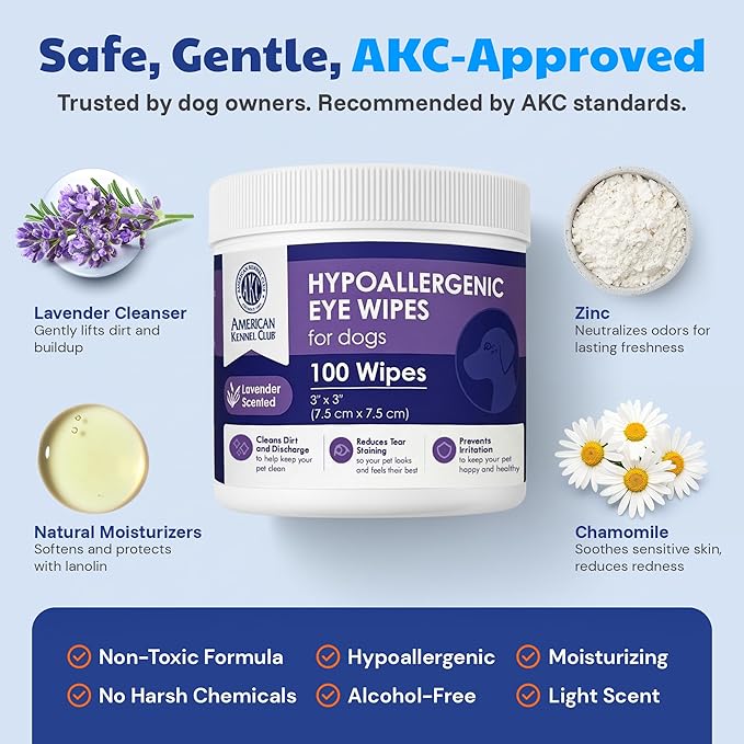 American Kennel Club Pet Eye Wipes for Dogs & Cats – Tear Stain Remover & Eye Discharge Cleaner – Hypoallergenic Grooming Wipes, 100 Count (Lavender Scent)