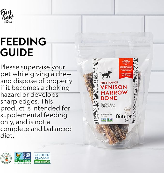 First Light Farms Venison Marrow Bones for Dogs | Long Lasting Chews | 3 Pack Natural Dog Chews for Teeth, Joint Health, and Mental Stimulation | Rawhide Free | Safe & Healthy Treats | 5.2 Inch