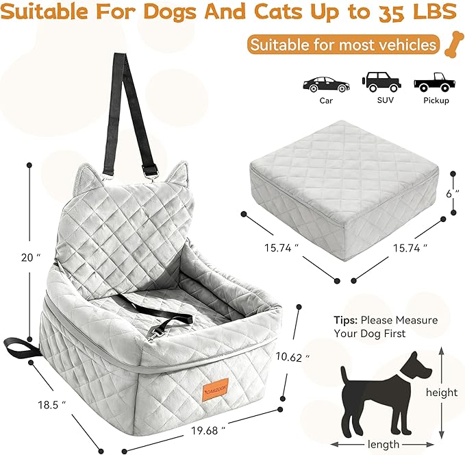 Dog Car Seat for Small/Medium Dogs Up to 35lbs,Elevated Cushion Fits in Front/Back Seat,Travel Safety Per Car Bed with Washable Removable Cover, Storage 2 Pockets Grey