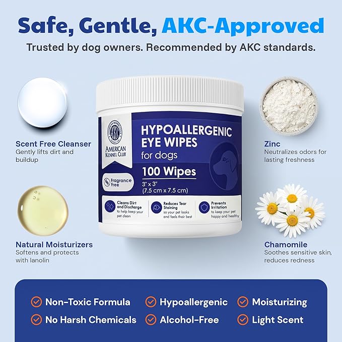 AKC Pet Eye Wipes for Dogs & Cats – Tear Stain Remover & Eye Discharge Cleaner – Hypoallergenic Grooming Wipes, 100 Count (Unscented) AKC 3 * 3" PET Eye Wipes UNSCENTED 100 Count