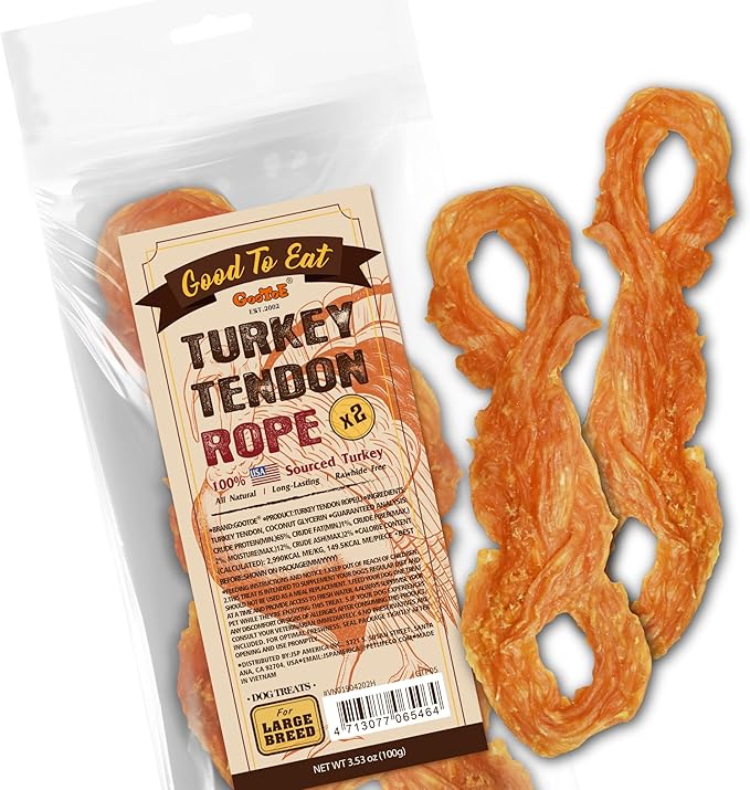 Gootoe Turkey Tendons for Dogs –All-Natural, Hypoallergenic Dog Treats, Rawhide Alternative, Long Lasting Puppy Chews, Healthy Dog Treats for Large Breeds, Rope (L), 2 Count Pack