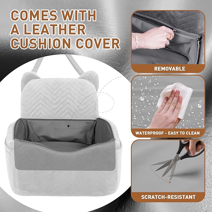 Dog Car Seat for Small/Medium Dogs Up to 30 lbs, Memory Foam Dog Booster Car Seats with Waterproof PU Cover, Pet Seat with Storage Pockets & 2 Safety Belt for Travel(Grey)