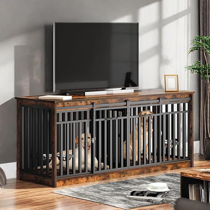 YITAHOME 71 Inch Double Dog Crate Furniture for 2 Dogs, Heavy Duty Wooden Dog Crate TV Stand with 4 Dog Bowls, Dog Kennel Indoor Furniture Sliding Barn Door Design for Extra Large Dogs, Rustic Brown