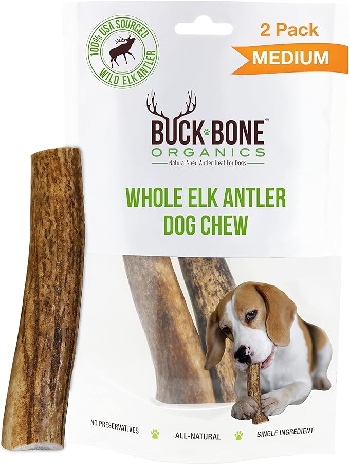 Buck Bone Organics Dog Chews, Elk Antlers for Dogs, Long Lasting Dog Bones for Aggressive Chewers, All Natural, No Preservatives, Wild Shed in The USA (Medium 2 Pack)