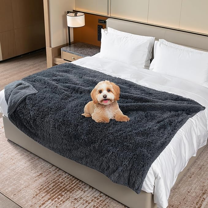 Waterproof Pets Blankets for Dogs 57x40in Calming Cat Blanket for Bed Couch Sofa Cover Protector Washable Long Faux Fur Pet Throw Blanket for Puppy Reversible Furniture Protection Mats (Gray,M)