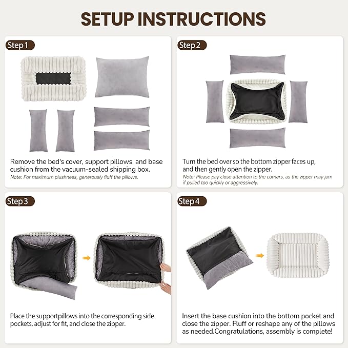 Washable Dog Bed for Small Medium Dogs - Rectangle Orthopedic Corduroy Fleece Pet Bed with Removable Cover and Nonskid Bottom, Calming Puppy Bed Soft Pet Sofa, Cream(35x25x9inchs)