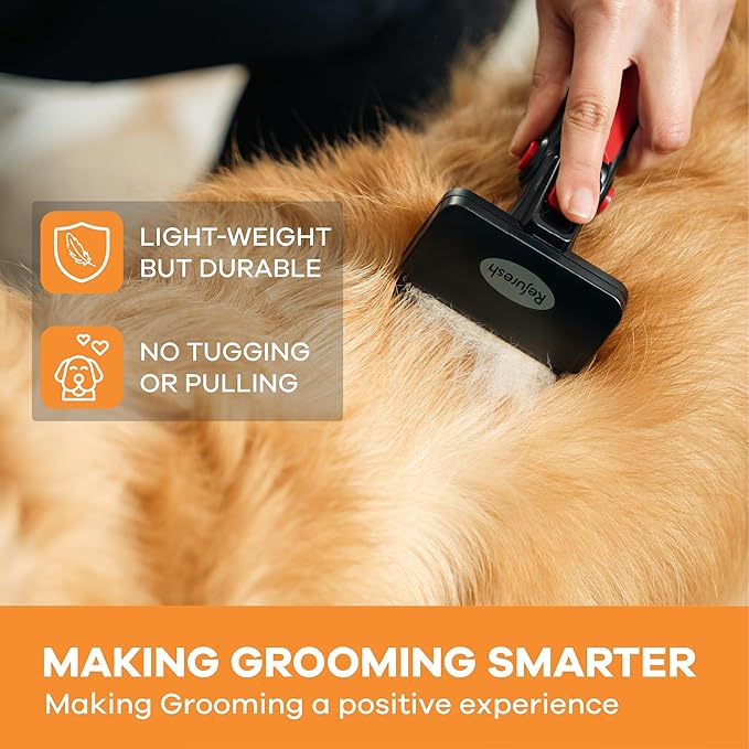 Deshedding Dog Brush for Long Hair (Medium,Red) – Gentle Deshedding Tool for Dogs & Cats – Reduces Shedding, Without damaging Topcoat. Removes Loose Fur & Dead Undercoat.