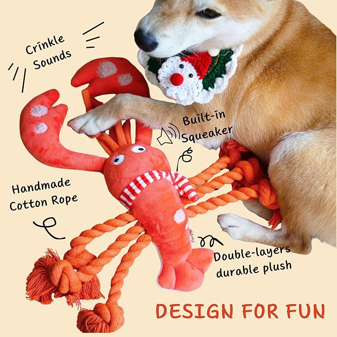Squeaky Dog Toys, Rope Tug of War Dog Toys, Interactive Lobster Plush Chew Toys, Dog Gifts for Puppy, Small Medium Large Dogs