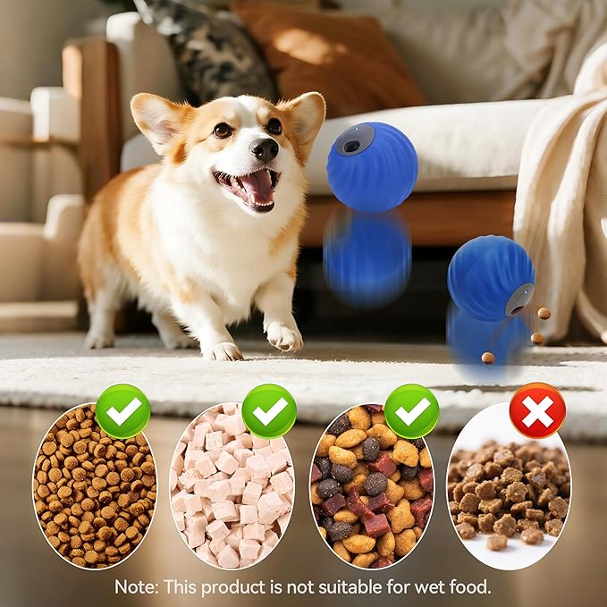 QKOQKO Interactive Dog Ball, USB Rechargeable Automatic Moving Dog Toy with Treat Dispenser, 2.87-Inch Washable TPU Puzzle Ball for Small & Medium Dogs, Exercise & Mental Stimulation – Blue