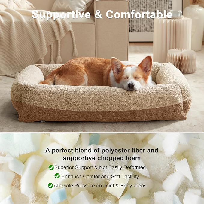 FURTIME Washable Dog Bed Large Sized Dogs, Washable Comfy Fluffy Large Dog Bed, Removable Zipper Cover Machine Wash, Soft Orthopedic Bed Durable Pet Cuddler with Anti-Slip Bottom, 36"x27"x8", Beige