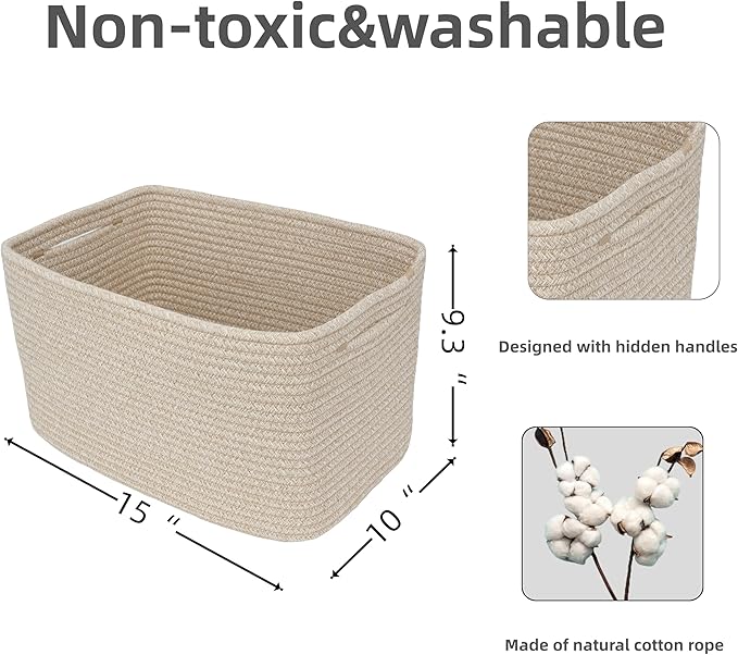 XUANGUO Rope storage Basket Bins Woven Basket for Organizing Shelves 15X10X9.3" Rectangle Decorative Baskets For storage Clothes Toys Books Towels Nursery basket organizer 3 pack Oatmeal