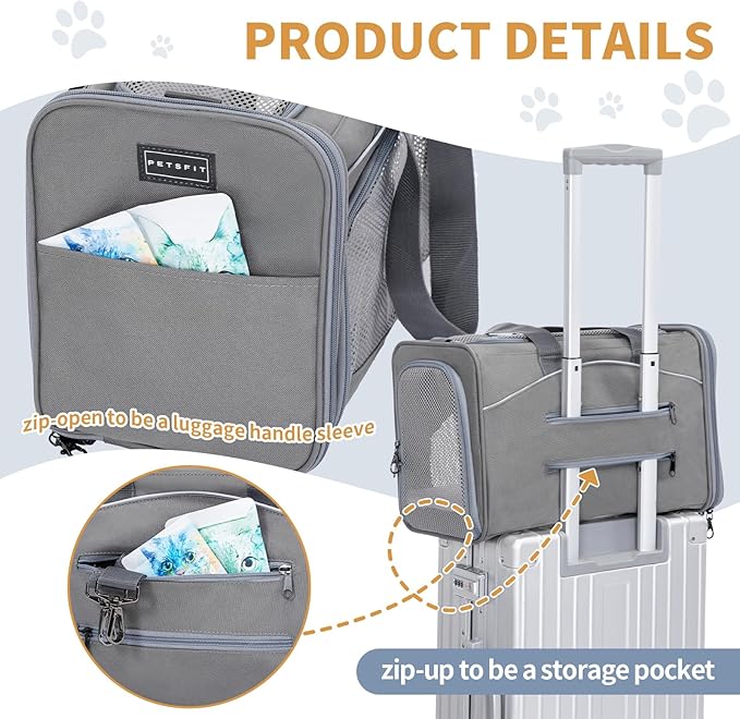 ‌Petsfit Airline Approved Pet Carrier for Small Dogs & Cats, 19x9x12 TSA Approved Carrier, with Removable Dual-Sided Padding (2-Way Placement) - Fits Under Most Airplane Seats, Escape Proof (Grey)