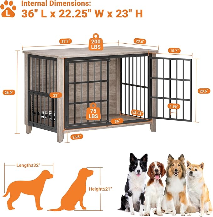 YaFiti 37.7" Dog Crate Furniture Set of 2, Wooden Dog Kennel Indoor with 360° Rotating Feeder and 2 Adjustable Bowls, Decorative Side End Table Dog Cage for Medium Dogs, Grey