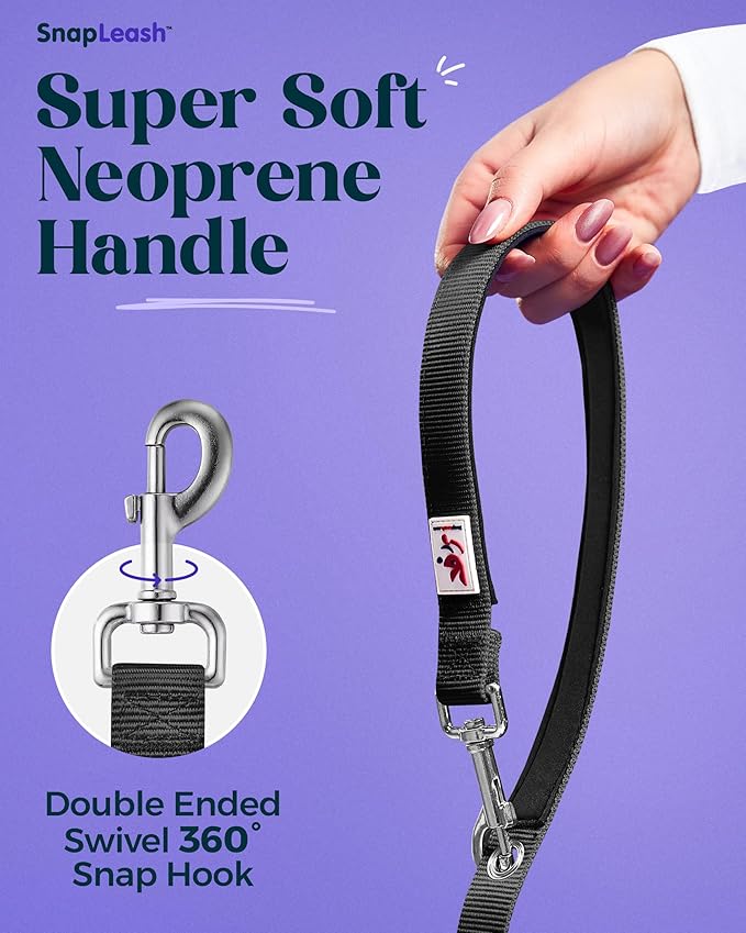 Hands-Free Dog Leash Training Running Snapleash, Waist & Shoulder Lead for Walking, Traffic Lead, Dual Pet Leash Adjustable for Large, Medium and Small Dog Breeds (Black, Large (1in x 7.5ft))