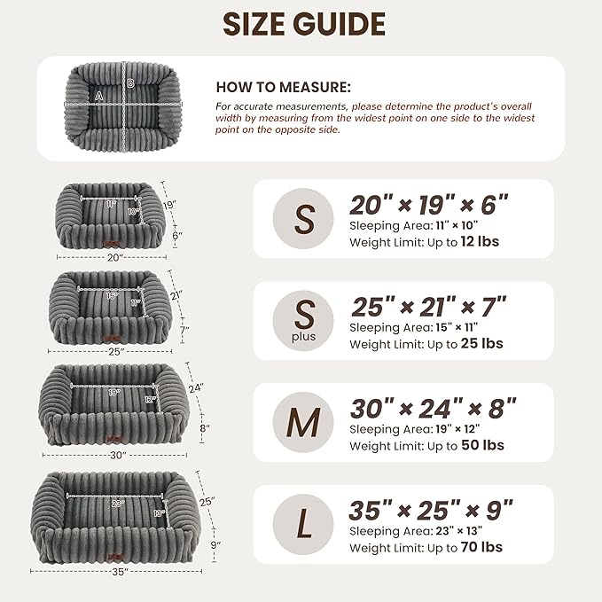 Washable Dog Bed for Small Medium Dogs - Rectangle Orthopedic Corduroy Fleece Pet Bed with Removable Cover and Nonskid Bottom, Calming Puppy Bed Soft Pet Sofa, Grey(35x25x9inchs)