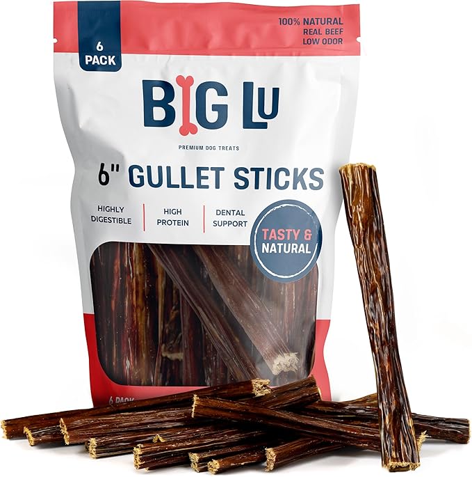 Big Lu - 6-Inch Beef Jerky Sticks for Dogs, 6 Count, All-Natural Beef Gullet, Grass-Fed Jerky Chews, Fully Digestible, High-Protein Treats with Glucosamine and Chondroitin for Joint Health