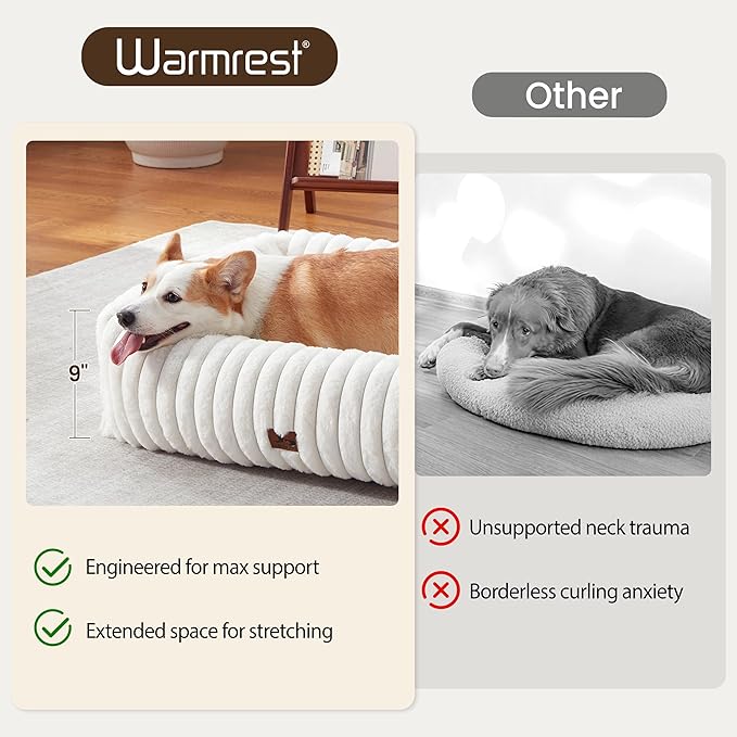 Washable Dog Bed for Small Medium Dogs - Rectangle Orthopedic Corduroy Fleece Pet Bed with Removable Cover and Nonskid Bottom, Calming Puppy Bed Soft Pet Sofa, Cream(35x25x9inchs)