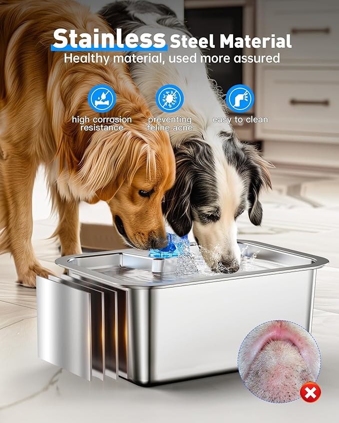 Stainless Steel Dog Water Fountain, 3 Gallon Extra Large Pet Drinking Fountain for Large Dogs & Multi-pet, Automatic Dog Water Bowl Dispenser with 2 Filters, Wide Drinking Area, Easy to Clean