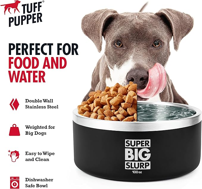 Tuff Pupper 100 oz Heavy Duty Insulated Stainless Steel Dog Bowl for Large Dogs, Non-Slip Base, Dishwasher Safe
