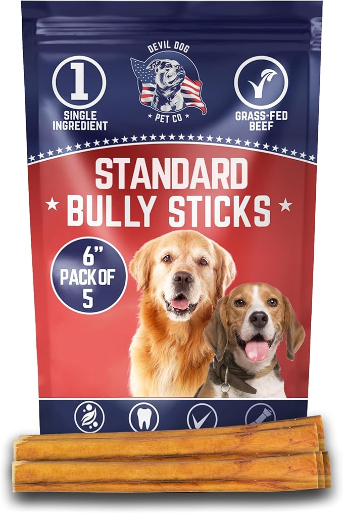 Devil Dog Pet Co. Bully Sticks – 6 Inch, 5 Pack, Standard Sized Dog Chews, 100% Natural, Single Ingredient, Free-Range Grass-Fed Beef – Long Lasting, Rawhide-Free Treats for Dogs