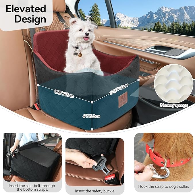 Dog Car Seat for Small/Medium Dogs, Dog Booster Car Seats with Thick Cushion for Dogs Under 35lbs, Detachable Washable Pet Carseat with Storage Pockets, 2 Safety Belts(Black/Red)