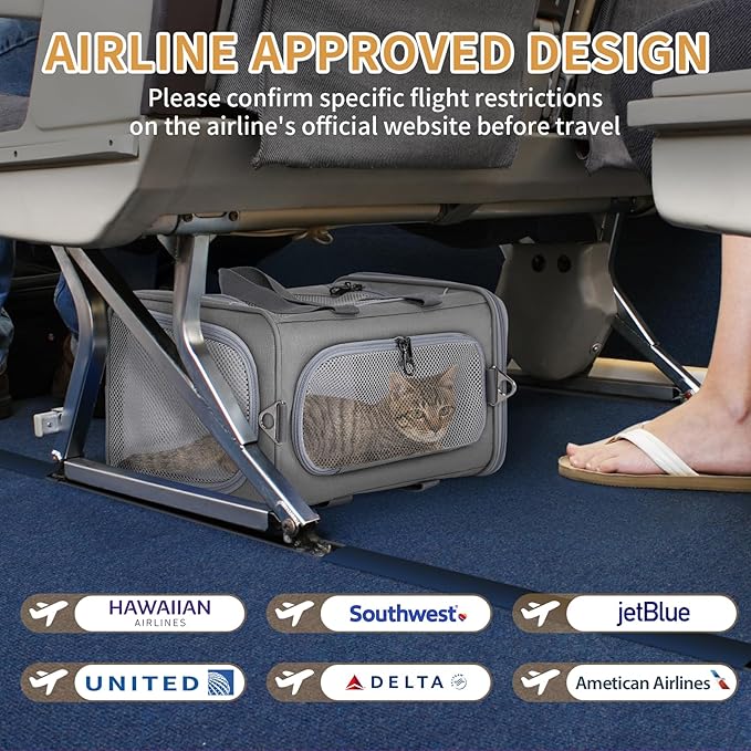 ‌Petsfit Airline Approved Pet Carrier for Small Cats, 16.5x8.6x11 TSA Approved Carrier, with Removable Dual-Sided Padding (2-Way Placement) - Fits Under Most Airplane Seats, Escape Proof (Grey)