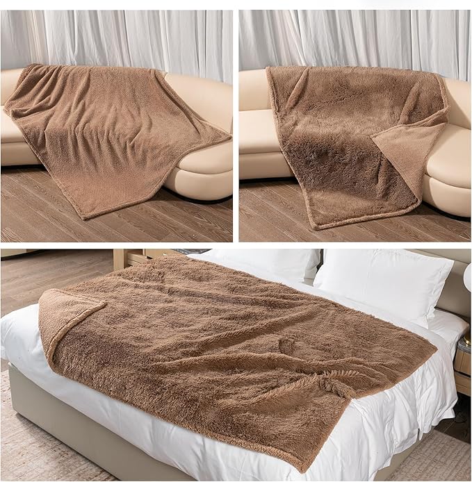 Waterproof Dog Calming Blanket Brown Long Faux Fur Pet Throw Blankets for Couch Sofa Bed Cover Washable(Brown,L-65x57in)