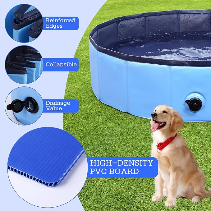 Foldable Dog Pool, Portable Pet Bath Tub and Kiddie Swimming Pool, Collapsible Bathtub for Puppies, Small, Medium and Large Dogs, Cats and Kids, 87 x 12 in, Blue