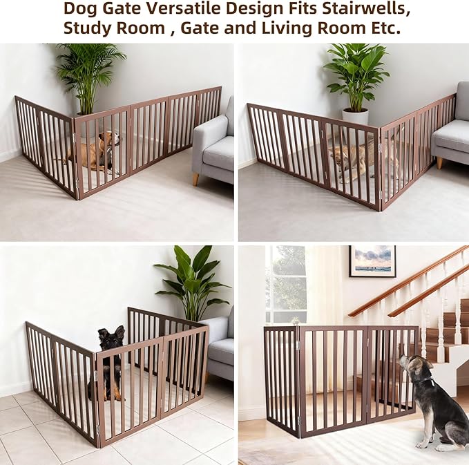 ZJSF Freestanding Indoor Dog Gate for House Foldable Wood Brown Puppy Gate for Doorways Pet Gate for Stairs Extra Wide Pet Fence 24" Height 6 Panels