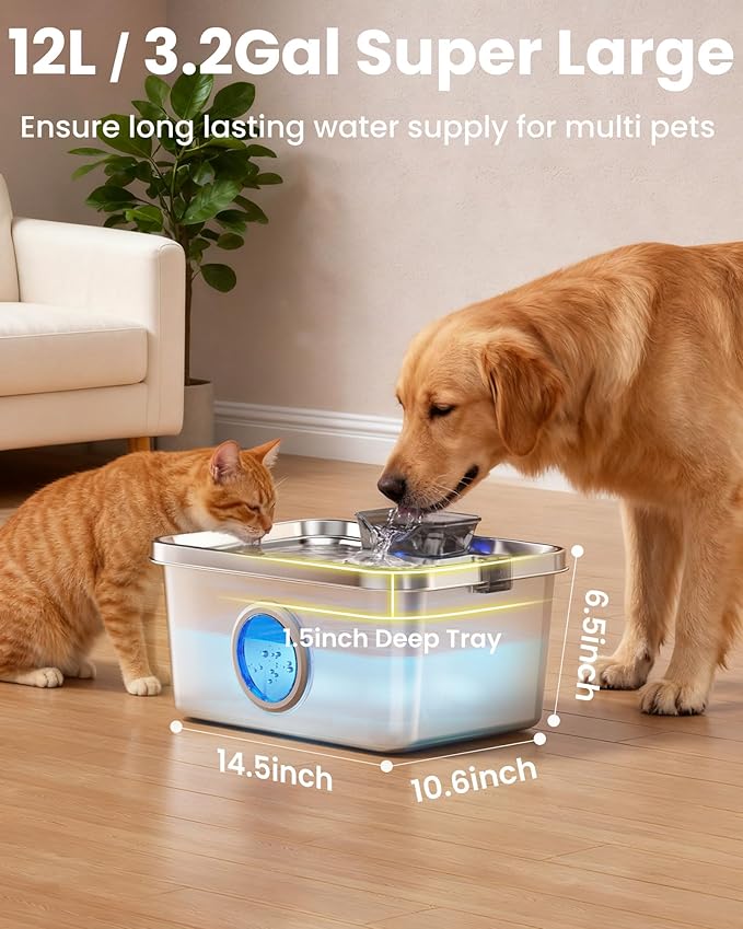Dog Water Fountain, 12L/406oz Stainless Steel Pet Water Fountain for Large Dogs Cats, Quiet Dog Fountain Water Bowl, Visual Water Level 4 Filtration, Wide Deeper Drinking Area for Multi-Pet Home