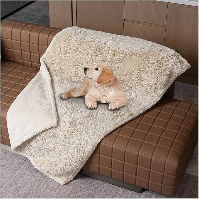 Waterproof Dog Couch Throw Blanket Beige Calming Cat Blankets for Sofa Bed Cover Fluffy Long Faux Fur Dogs Love Bed Covers Washable(Beige,XS-28x20in)