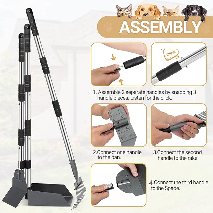 Heeyoo Dog Pooper Scooper, Dog Poop Tray and Rake Set, Pet Waste Removal Scoop with Long Adjustable Sectional Stainless Handles