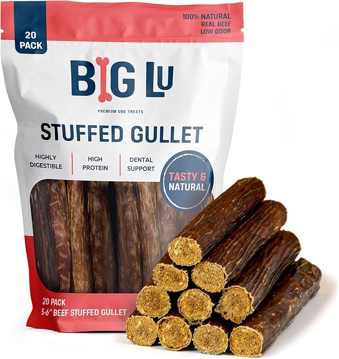 Big Lu - 6-Inch Stuffed Beef Jerky Sticks for Dogs, 20 Count, Premium All-Natural Gullet Chews, High-Protein, Easily Digestible, Supports Dental Health and Joint Mobility