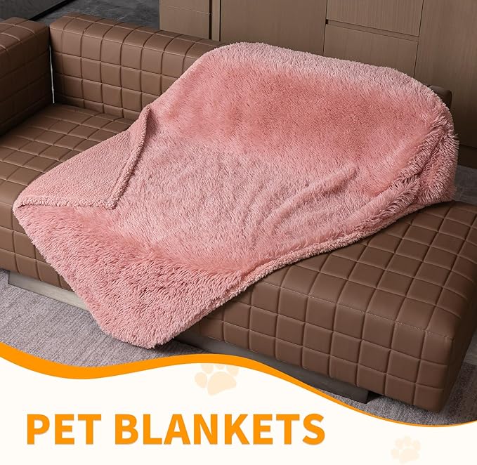 Waterproof Pet Blanket Pink Calming Dog Blankets Fluffy Long Faux Fur Pet Throw Blankets for Couch Protector Love Bed Cover Washable(Pink,L)
