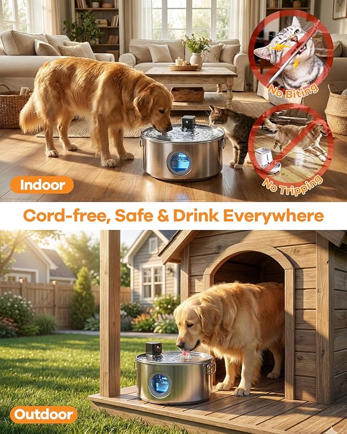 12L/ 3.4Gal Wireless Automatic Dog Water Fountain for Large Dogs，Stainless Steel 3 Modes Dog Fountain Water Bowl Dispenser, Multi Large Pet Water Fountain Ultra Quiet & Multi-Filteration