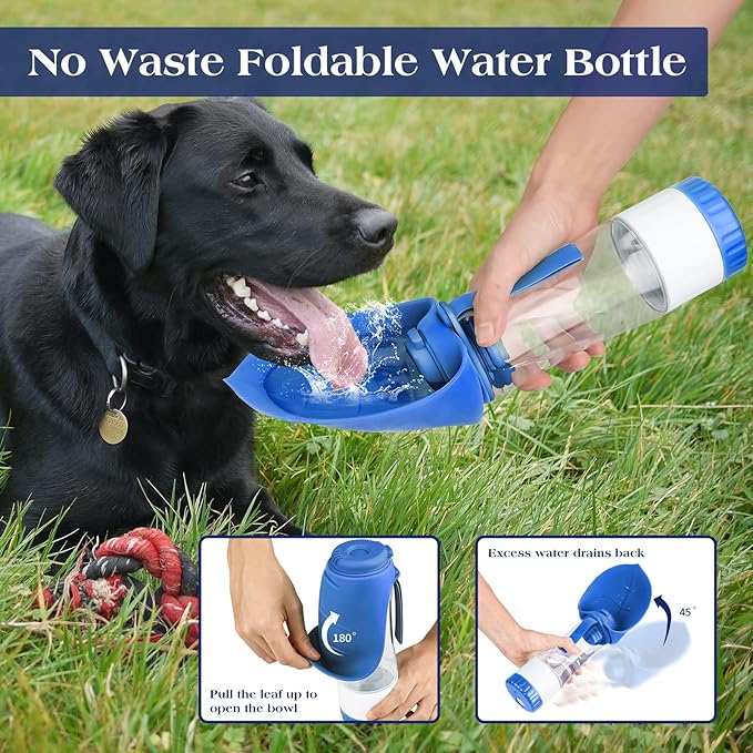 TIOVERY Upgraded Dog Water Bottle, Portable Dog Cat Puppy Pet Water Dispenser Feeder with Drinking Cup and Food Container Leak Proof for Outdoor Walking, Travel, Hiking 12OZ Blue