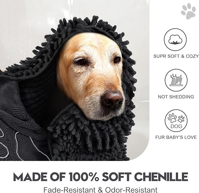 Newwiee 4 Pcs Large Dog Towels for Drying Dogs with Hand Pocket Microfiber Shammy Towel 32 x 14 in Dog Bath Towel Absorbent, Quick Drying, Machine Washable for Pet Puppy Clean Shower Supplies(Black)