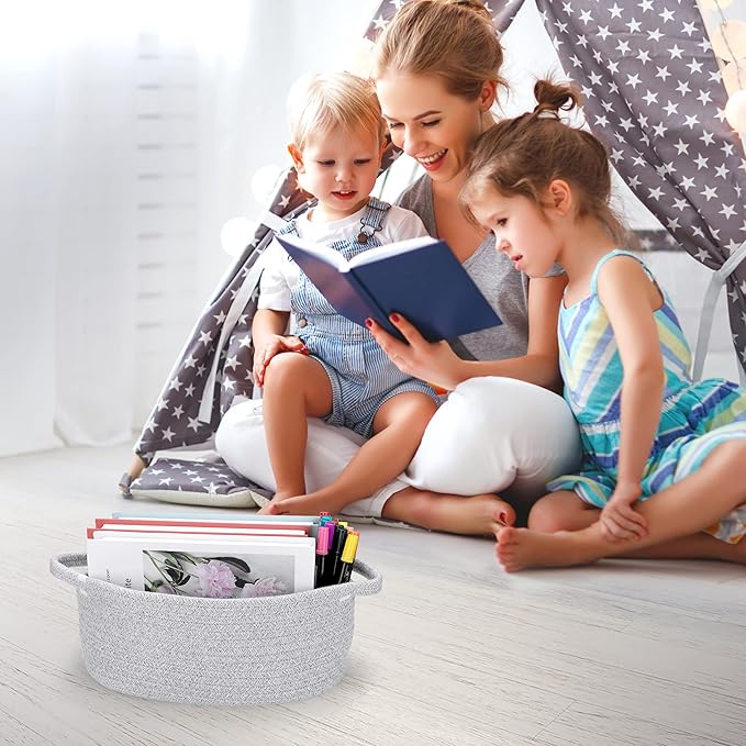 XUANGUO Small Woven Basket Cute Oval Cotton Rope Gifts Basket with Handle Empty Baby Wicker Storage Baskets Nursery Box Bin Kids Organizer Cat Dog Toy Baskets Easter Baskets Grey