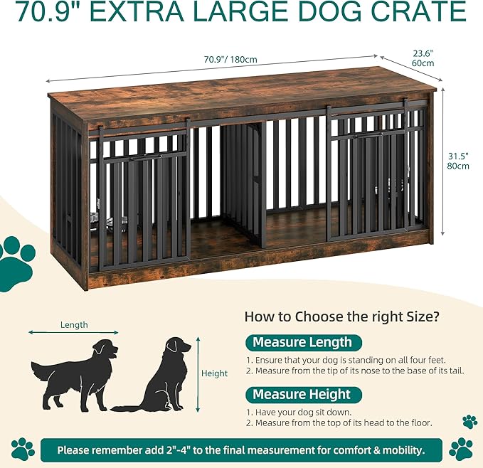 YITAHOME 71 Inch Double Dog Crate Furniture for 2 Dogs, Heavy Duty Wooden Dog Crate TV Stand with 4 Dog Bowls, Dog Kennel Indoor Furniture Sliding Barn Door Design for Extra Large Dogs, Rustic Brown