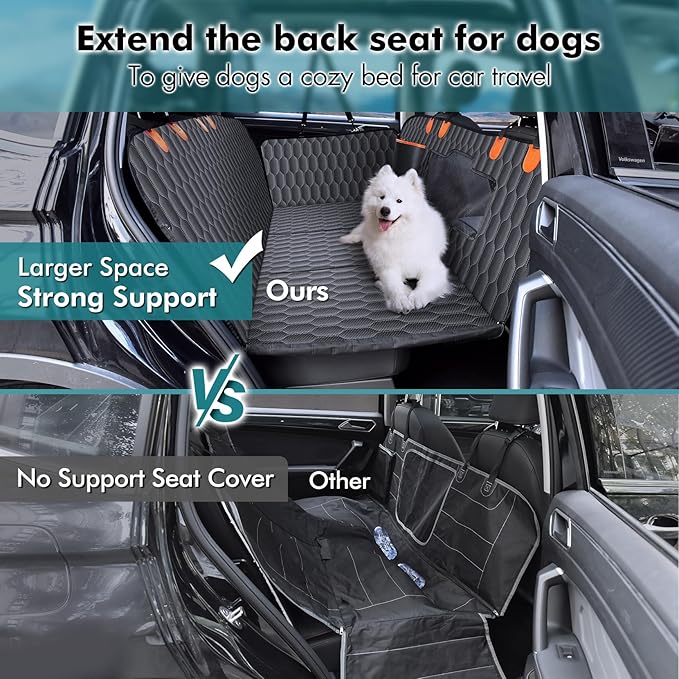 Back Seat Extender for Dogs-Supports 400lb,Waterproof Dog Car Seat Cover Hard Bottom-Detachable,600D Heavy Duty Scratch Proof Nonslip Soft,Dog Hammock for Car,SUVs