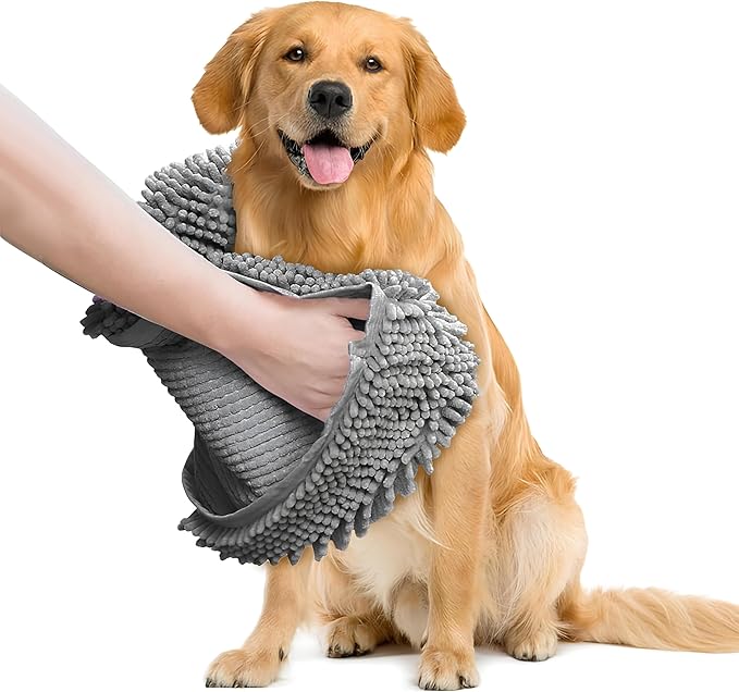 Muddy Mat Doggy Dryer, Highly Absorbent Microfiber Washable Dog Shammy Quick Drying Towel Absorber - Extra Soft Plush Wrap Chenille Bath Towels to Dry Soggy Large Pets & Small Puppy-Grey 15"x38"