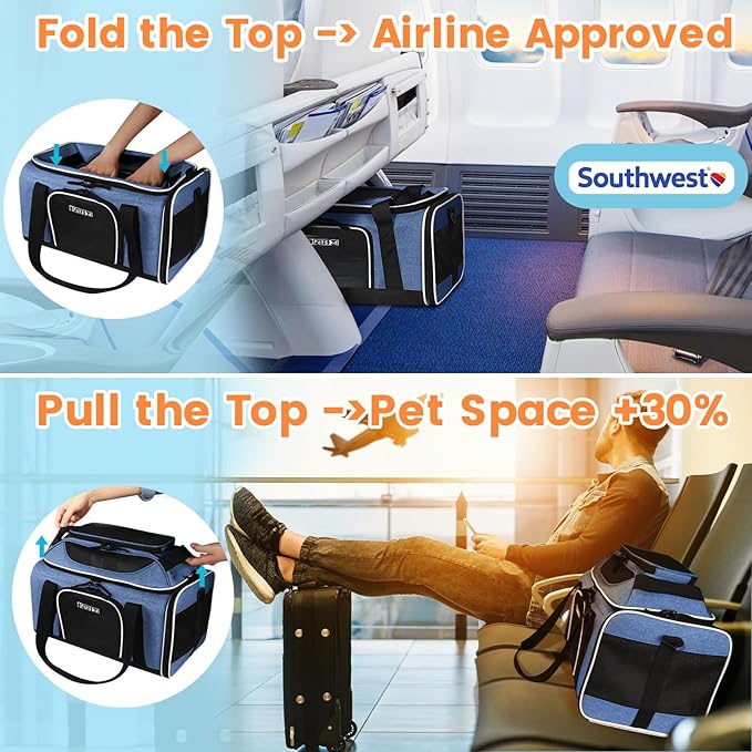 Petskd Top-Expandable Pet Carrier 18x13x9.5 Inches Southwest Airline Approved, Soft-Sided Carrier for Small Cats and Dogs with Locking Safety Zippers and Anti-Scratch Mesh(Blue)