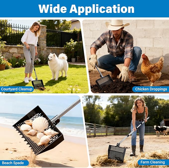 12-Inch 2-in-1 Chicken Poop Scooper & Rake, Chicken Coop Scoop with Adjustable Stainless Steel Handle （24–64"）, 3 Angles & 2 Sifting Holes, Litter Scoop Sand Sifting Shovel Pooper Scooper (Black)