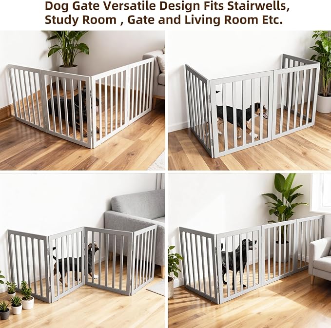 ZJSF Freestanding Indoor Dog Gate for House Foldable Wood Grey Puppy Gate for Doorways Pet Gate for Stairs Extra Wide Pet Fence 24" Height 4 Panels