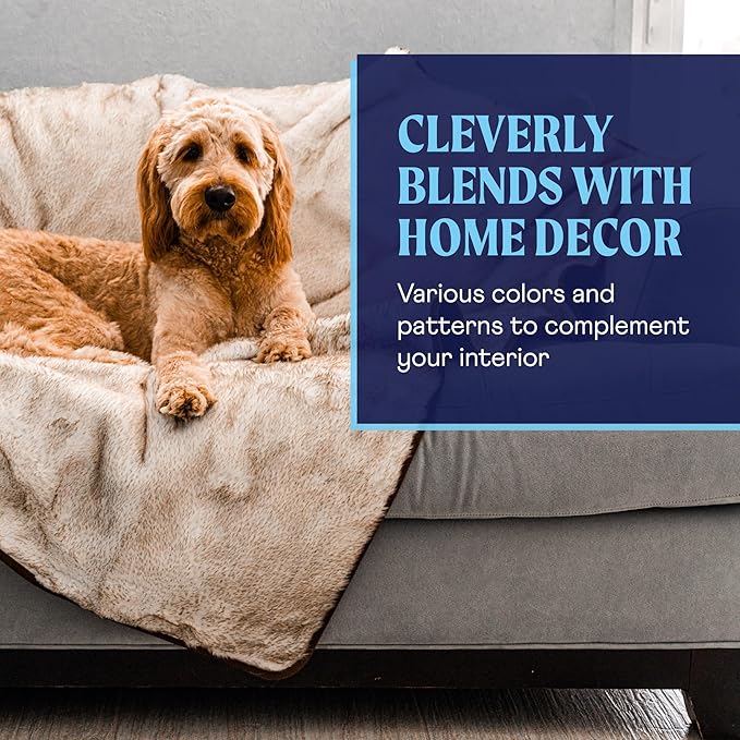 PupProtector Waterproof Throw Blanket for Dogs and Cats, Pet Blanket Cover for Couches, Sofas, Beds, Car Seats, Furniture, Calming Soft Faux Fur, White with Brown Accents, Large (80" L x 62" W)