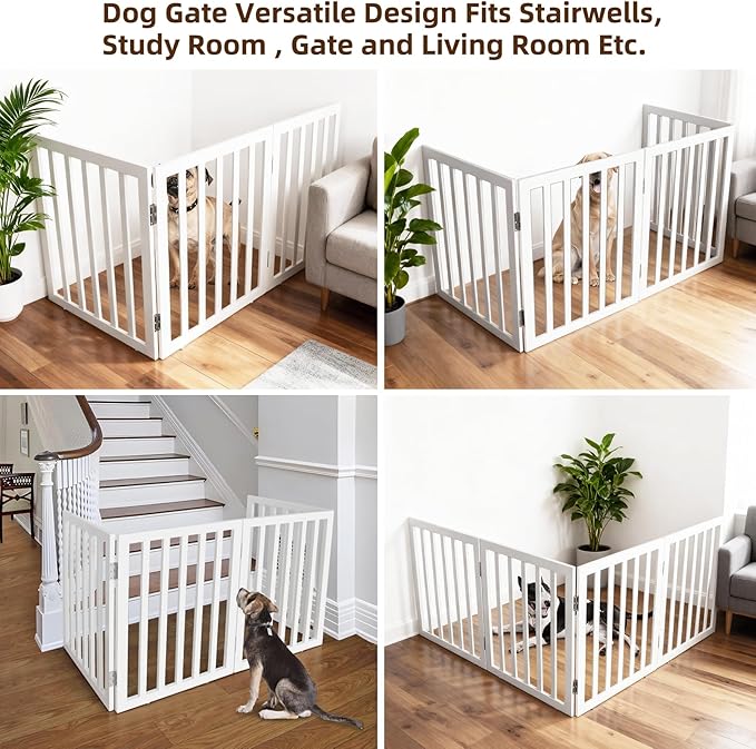 ZJSF Freestanding Indoor Dog Gate for House Foldable Wood White Puppy Gate for Doorways Pet Gate for Stairs Extra Wide Pet Fence 24" Height 3 Panels