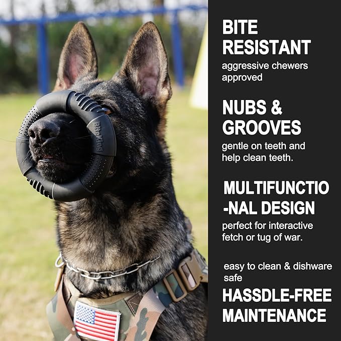 Natural Rubber Dog Ring Toy for Large Aggressive Chewers - Lifetime Replacement - Indestructible Tug Fetch Toy for Large Breed - Durable Tough Dog Chew Toy for Super Chewer, Black