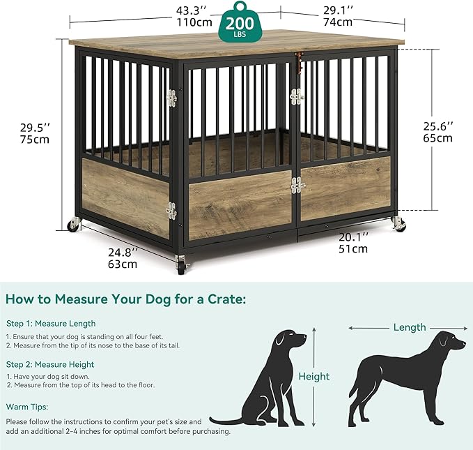 YITAHOME 43.3" Dog Crate Furniture with Wheels, Heavy Duty Wood Dog Cage Table with Double-Doors Chew-Resistant Wooden Dog Kennel Indoor for Large and Medium Dogs Greige