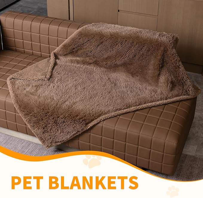 Waterproof Dog Calming Blanket Brown Long Faux Fur Pet Throw Blankets for Couch Sofa Bed Cover Washable(Brown,L-65x57in)