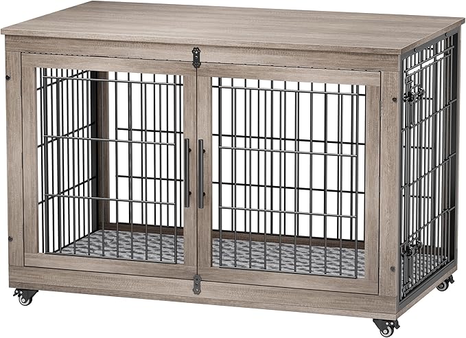 YaFiti Dog Crate Furniture with Cushion, Wooden Dog Kennel Indoor with Double Doors, Dog Cage with Wheels, Dog House Side End Table for Large Dogs up to 85 lb, 44" L, Grey